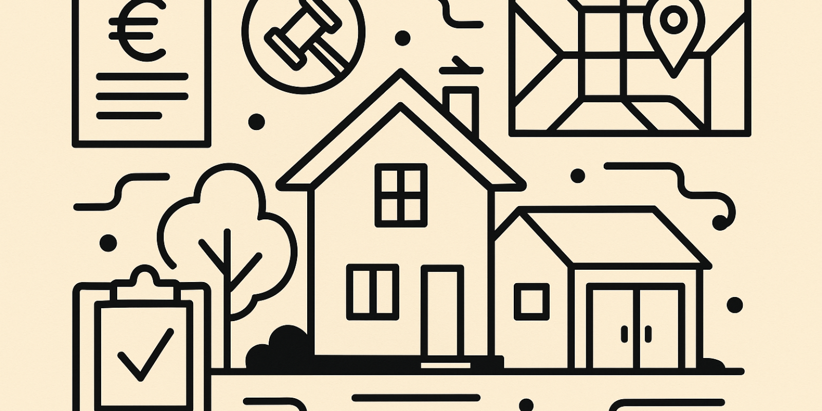 Vue extérieure d'une maison avec garage et abri de jardin, illustration des dépendances