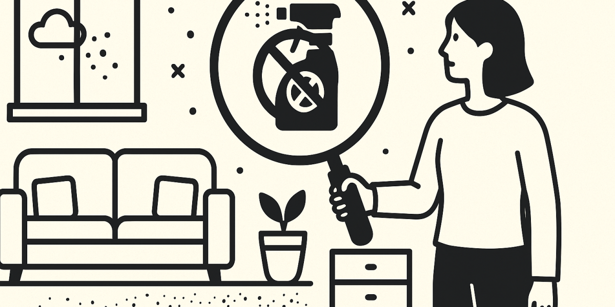 Illustration : poussières dans un intérieur avec pictogrammes chimiques, symbolisant la présence de pesticides