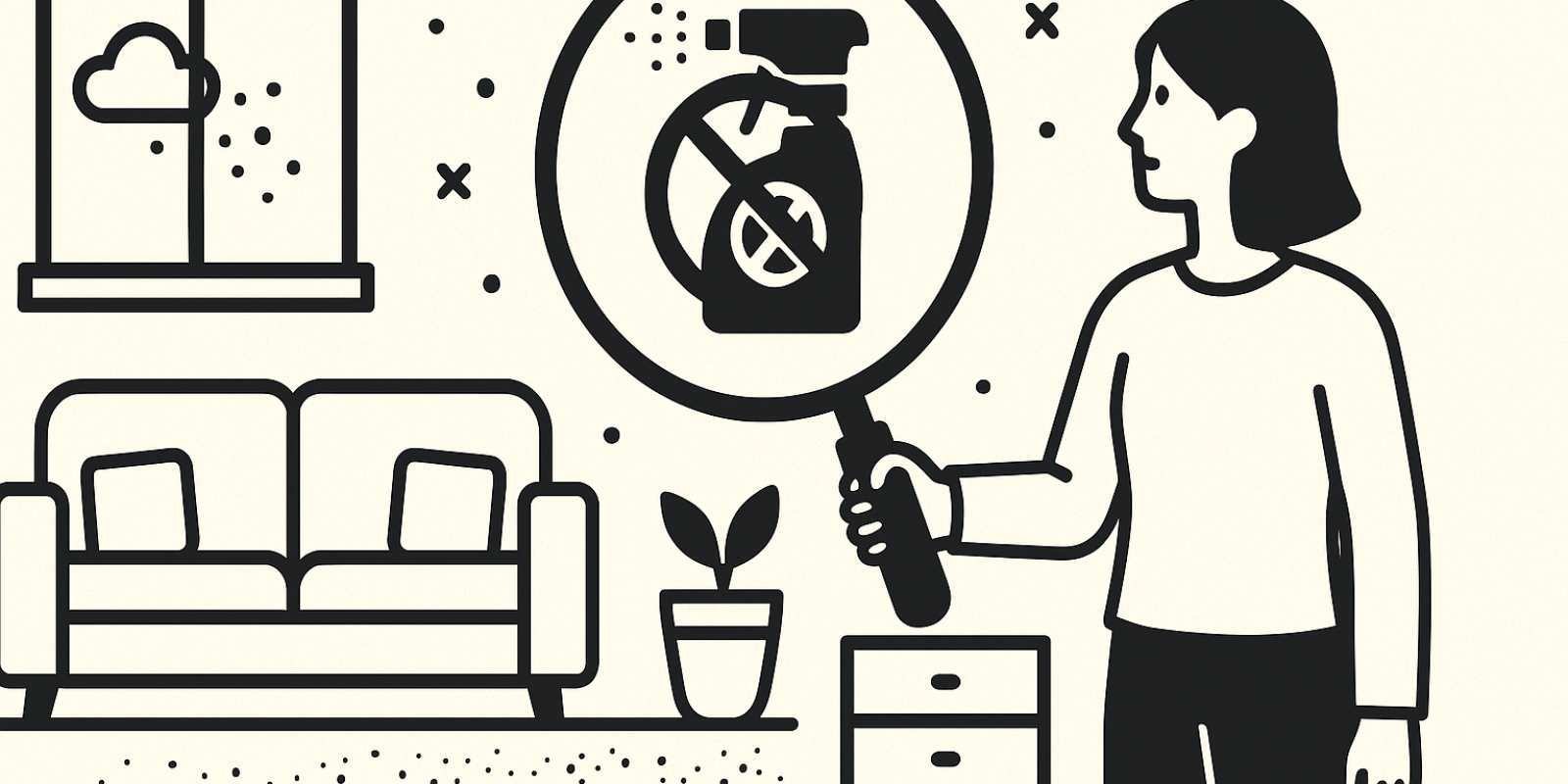 Illustration : poussières dans un intérieur avec pictogrammes chimiques, symbolisant la présence de pesticides