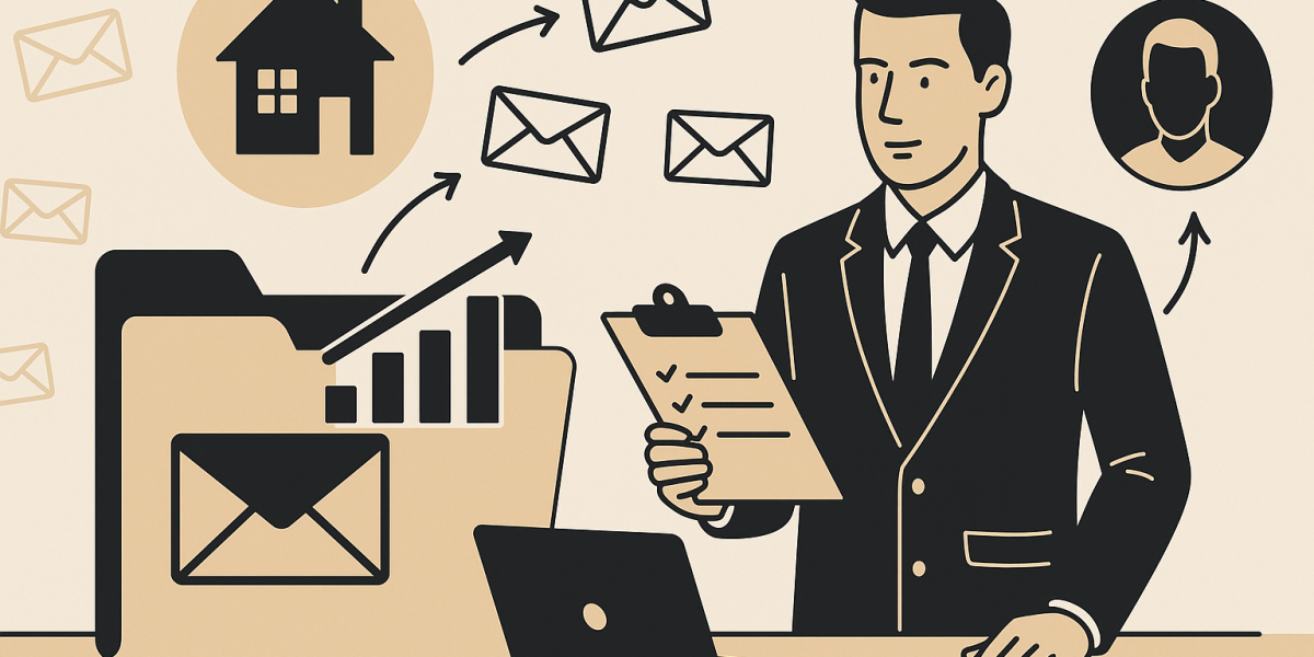 Illustration : emails et icônes immobilières symbolisant la collecte de contacts vendeurs