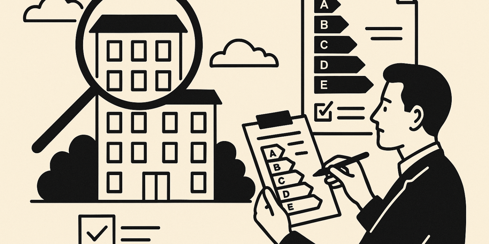 Illustration : immeuble en copropriété et documents techniques symbolisant le diagnostic global