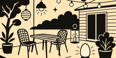 Terrasse éclairée la nuit avec guirlandes LED et lampes d'ambiance