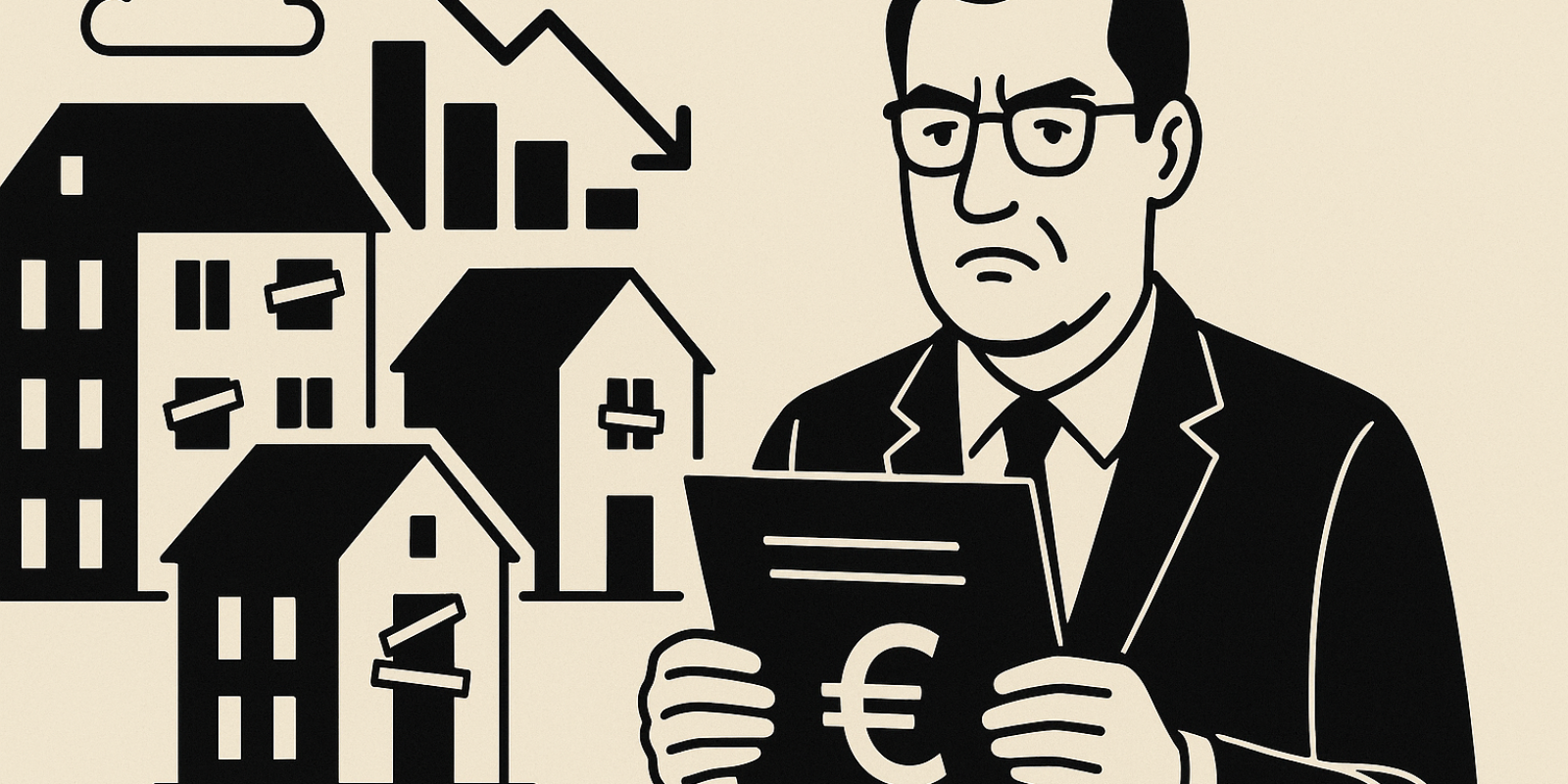 Illustration d'un immeuble urbain vide avec icônes fiscales symbolisant la fusion des taxes