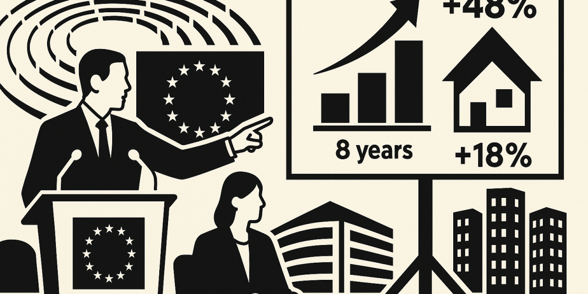 Façades d'immeubles et affiches pour les droits des locataires, symbolisant la crise du logement en Europe