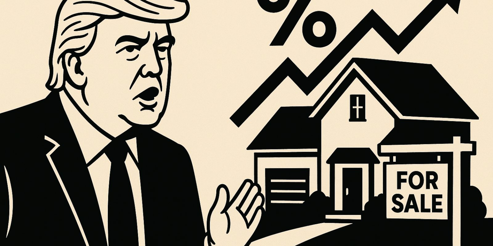 Illustration : Donald Trump et une maison, symbolisant l'accès à la propriété et la hausse des taux hypothécaires aux États-Unis