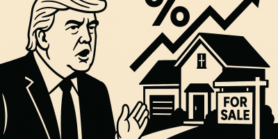 Illustration : Donald Trump et une maison, symbolisant l'accès à la propriété et la hausse des taux hypothécaires aux États-Unis
