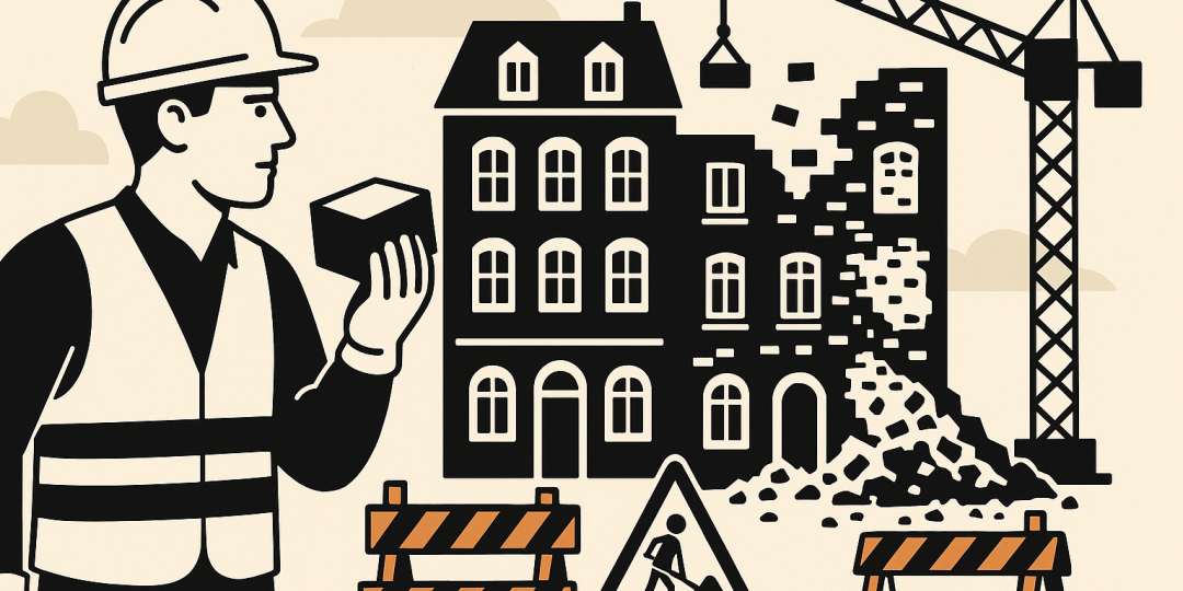 Façades et toits d'immeubles historiques à Honfleur sous bâches et échafaudages