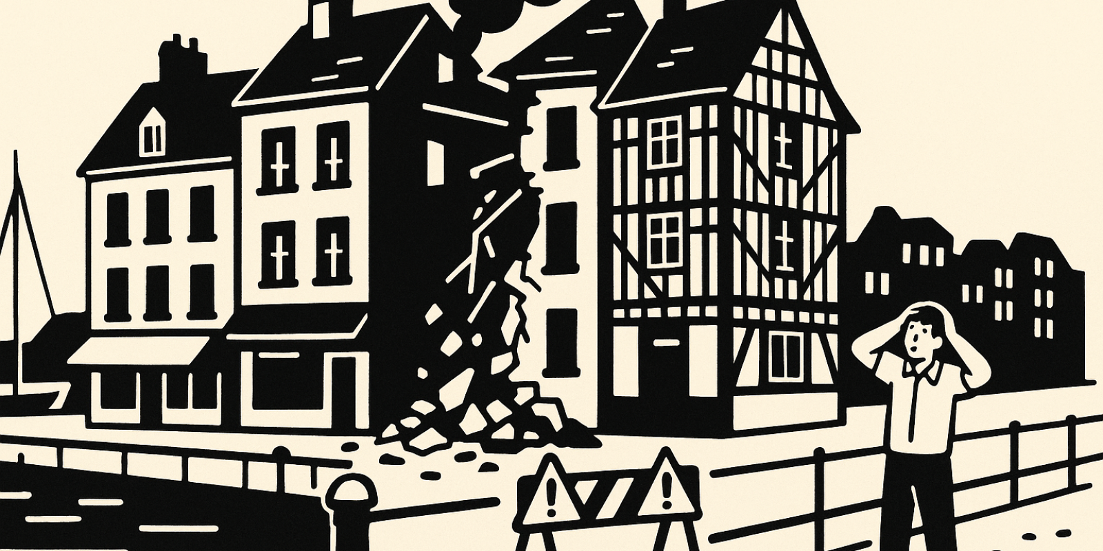 Façades d'immeubles historiques d'Honfleur avec échafaudages, illustrant le péril et les opérations de sécurisation