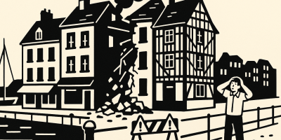 Façades d'immeubles historiques d'Honfleur avec échafaudages, illustrant le péril et les opérations de sécurisation