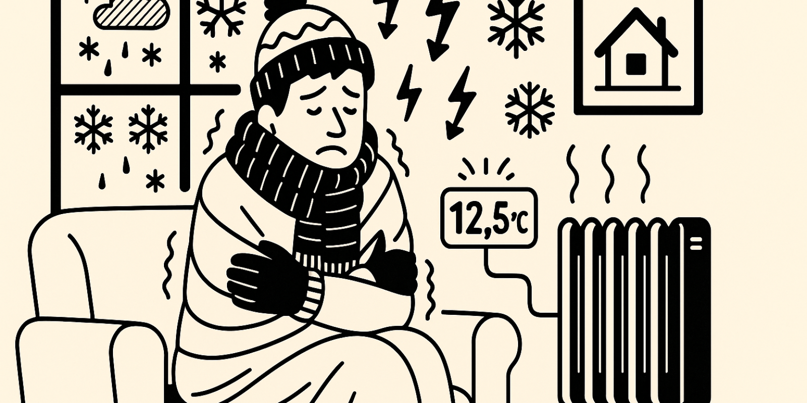 Locataire grelottant dans un salon mal isolé : illustration de la précarité énergétique et des logements mal isolés
