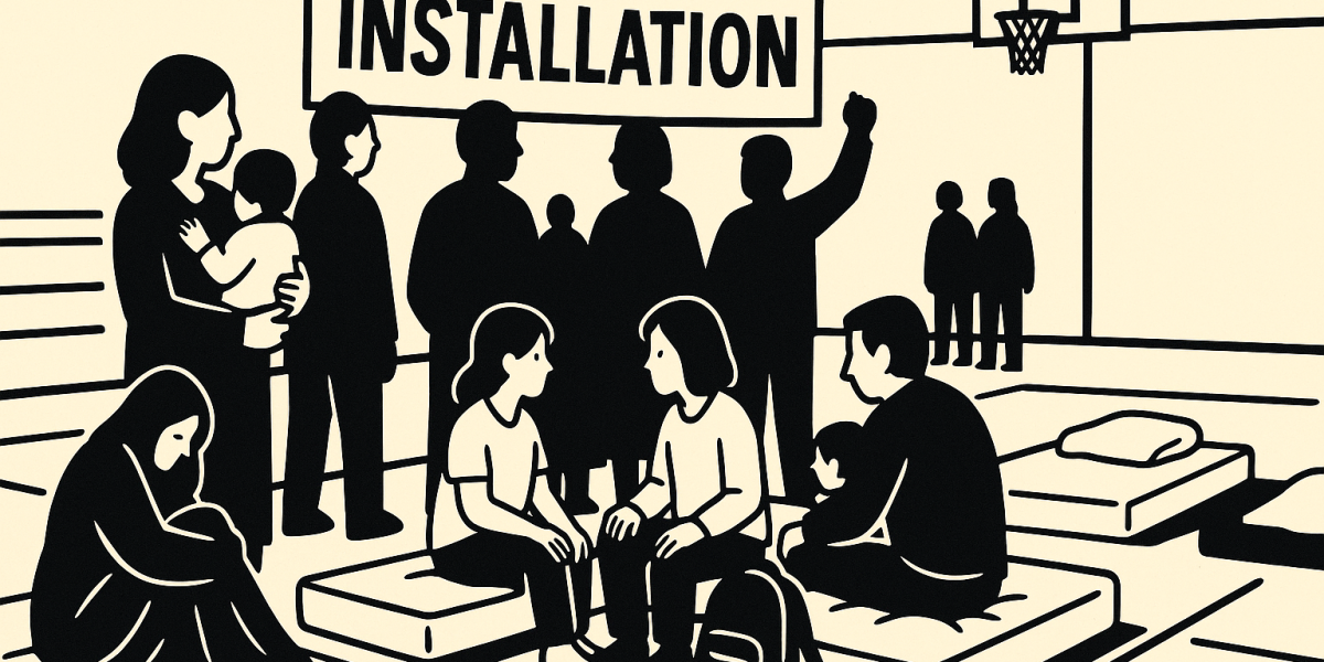 Mère avec nouveau-né et une autre femme, assises dans un gymnase aménagé en lieu d’hébergement d'urgence à Nantes