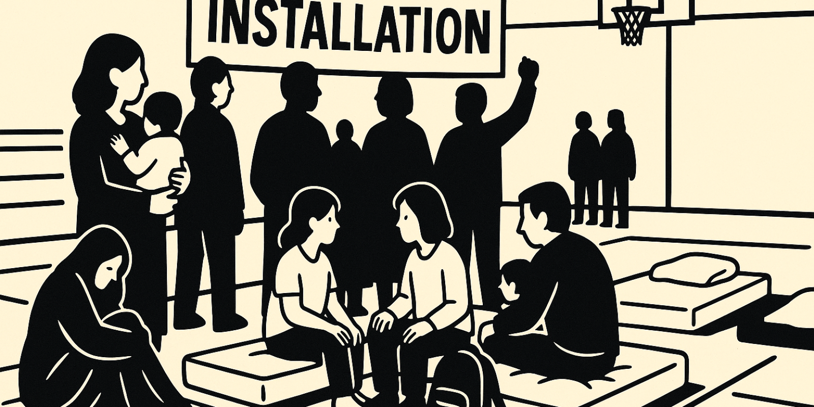 Mère avec nouveau-né et une autre femme, assises dans un gymnase aménagé en lieu d’hébergement d'urgence à Nantes