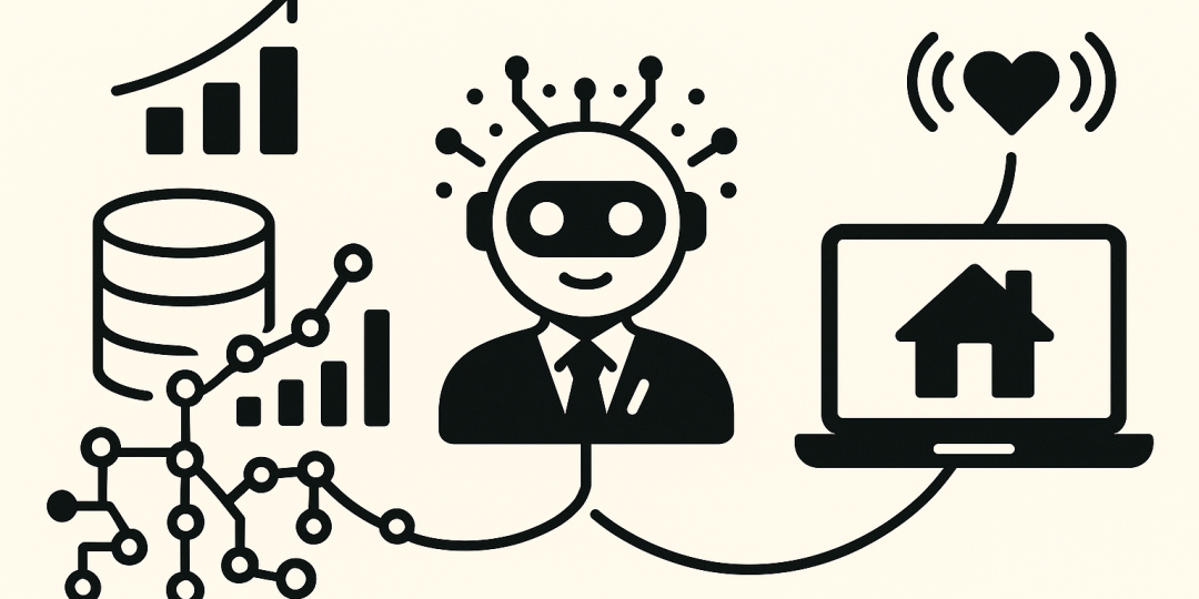 Illustration synthétique des trois tendances 2030 pour l'immobilier : données, agents IA et vibe coding