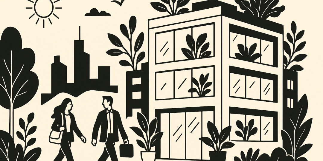 Façade d’un immeuble tertiaire avec toits végétalisés et espace intérieur paysager, symbolisant la transformation des bureaux dans l’Ouest parisien