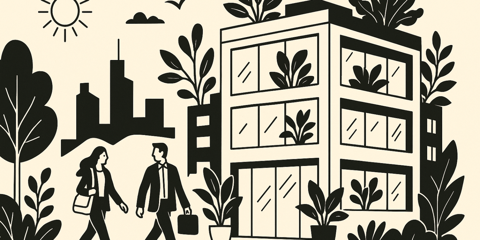 Façade d’un immeuble tertiaire avec toits végétalisés et espace intérieur paysager, symbolisant la transformation des bureaux dans l’Ouest parisien