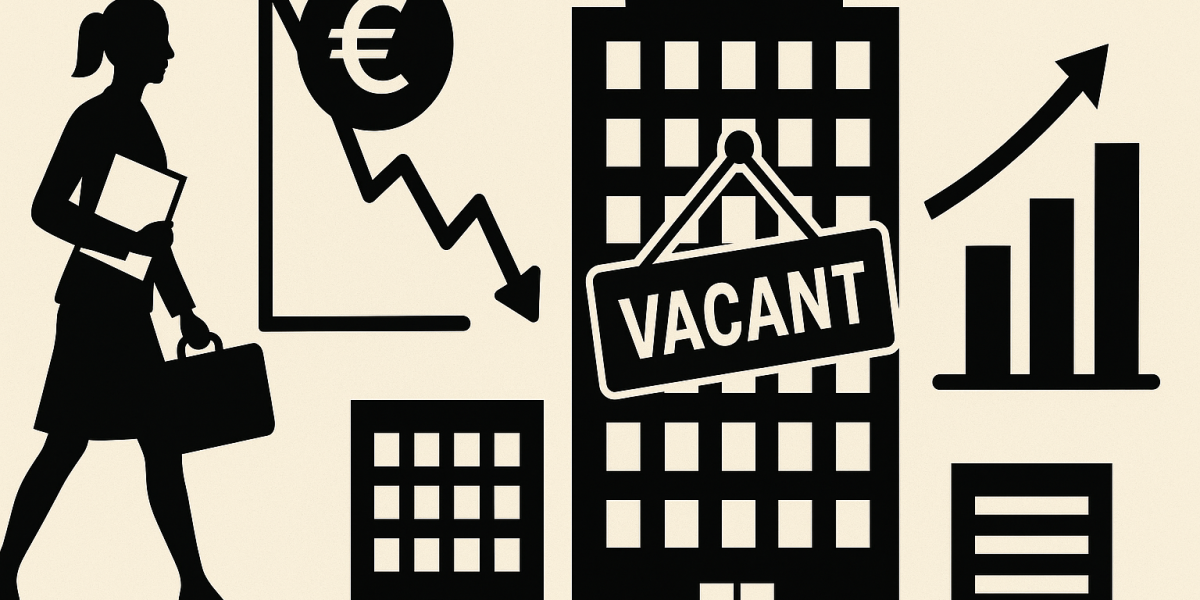 Façades de bureaux vides en Île-de-France, symbolisant la hausse de la vacance