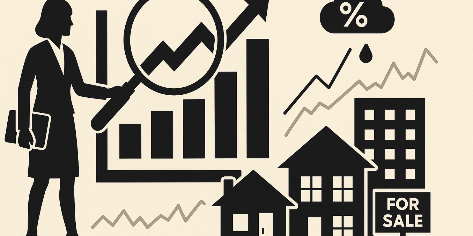 Illustration : immeubles et graphique représentant la conjoncture immobilière 2025-2026