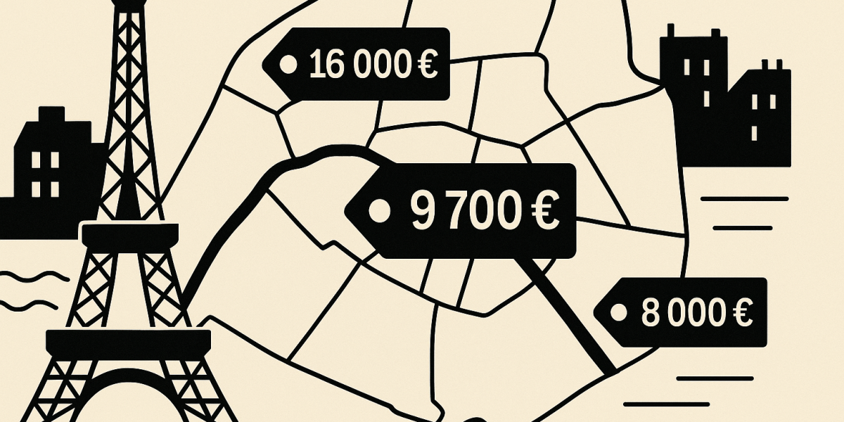 Vue de Paris avec quartiers et immeubles symbolisant les variations de prix immobiliers