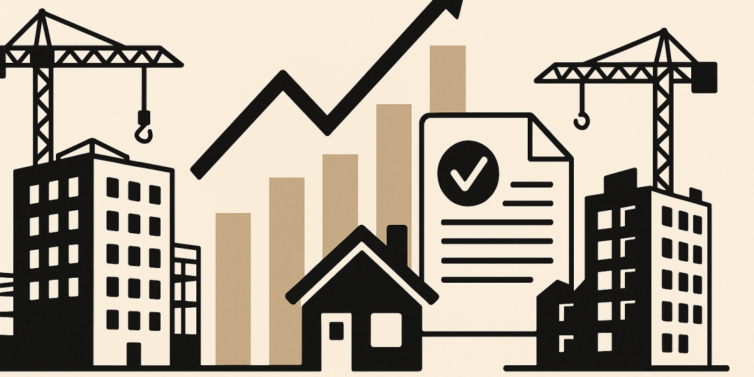 Chantier de logements neufs avec grue et immeubles en arrière-plan