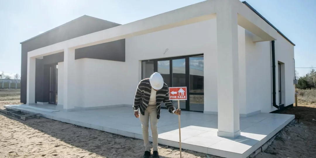 Homme en tenue de chantier devant une maison en construction — immobilier-neuf
