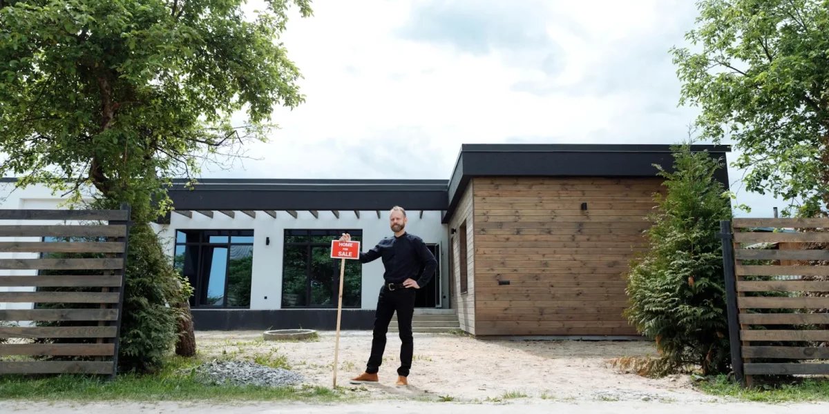 Homme posant devant une maison avec un panneau "À vendre" — impayés