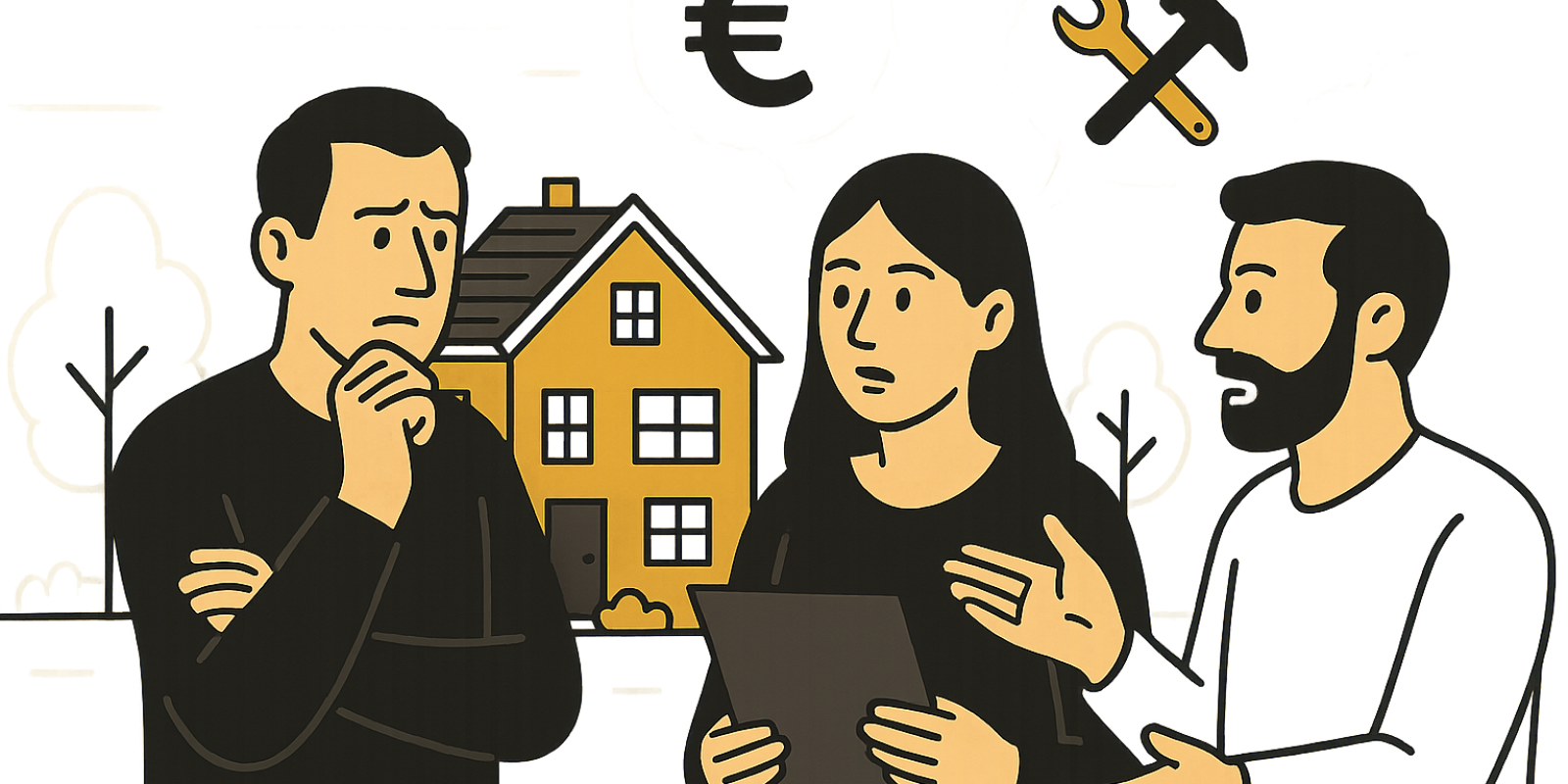 Maison familiale en indivision : réunion de copropriétaires discutant de travaux et d'entretien