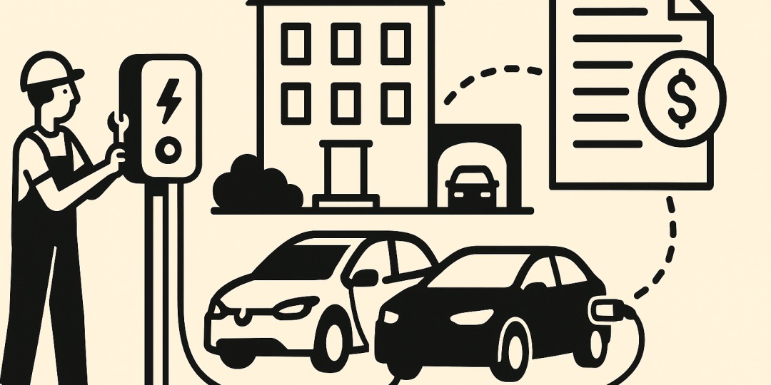 Illustration d’un parking de copropriété avec borne de recharge, symbole d’électrification collective