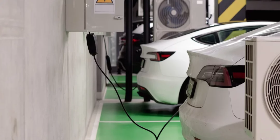 Borne de recharge installée dans un parking avec des voitures électriques — borne-de-recharge