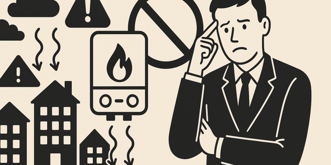 Illustration : chaudière à gaz en gros plan, symbolisant la fin du gaz dans le neuf
