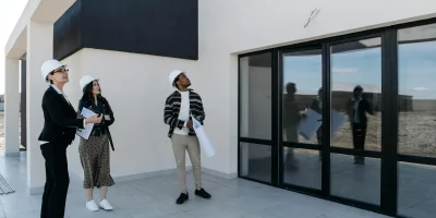 Trois personnes observant une maison en construction avec des plans — PTZ
