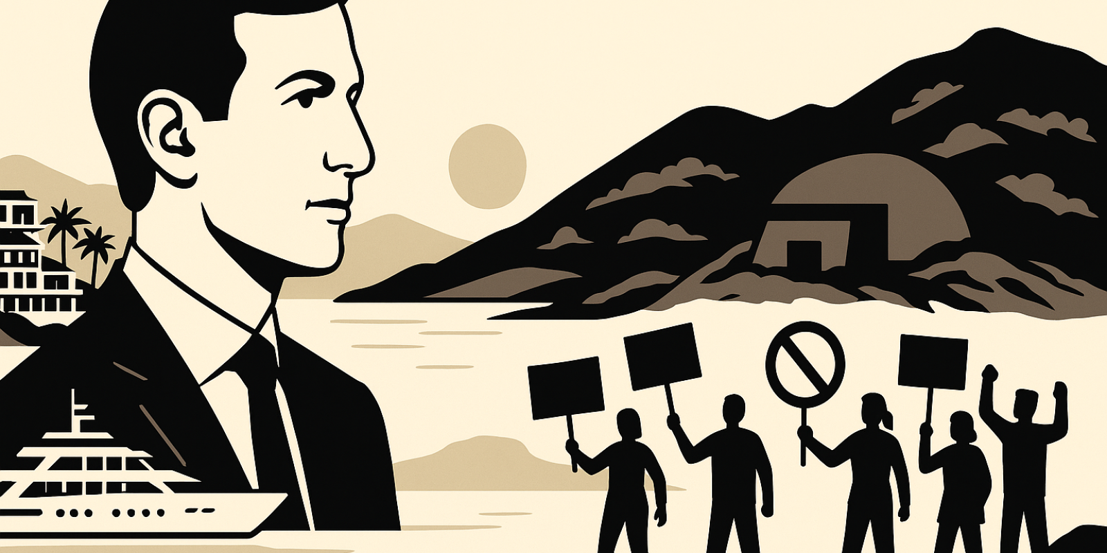 Vue de l'île de Sazan au large de l'Albanie, montrant le littoral et un débarcadère