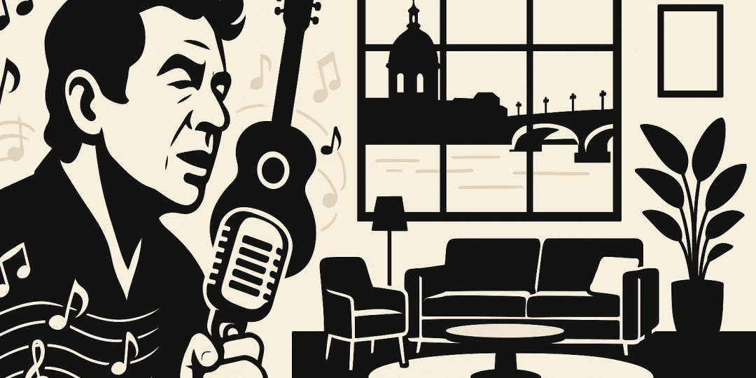 Façade toulousaine et éléments d'intérieur évoquant l'appartement de Claude Nougaro avec vue sur la Garonne