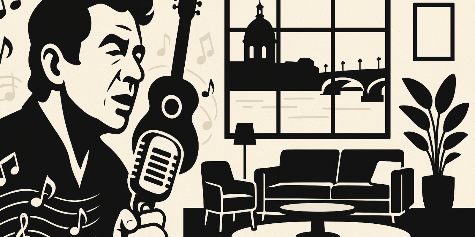 Façade toulousaine et éléments d'intérieur évoquant l'appartement de Claude Nougaro avec vue sur la Garonne