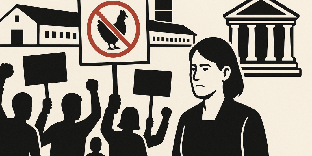 Hangars agricoles destinés à recevoir un élevage de poules pondeuses et maisons voisines, symbolisant la contestation locale