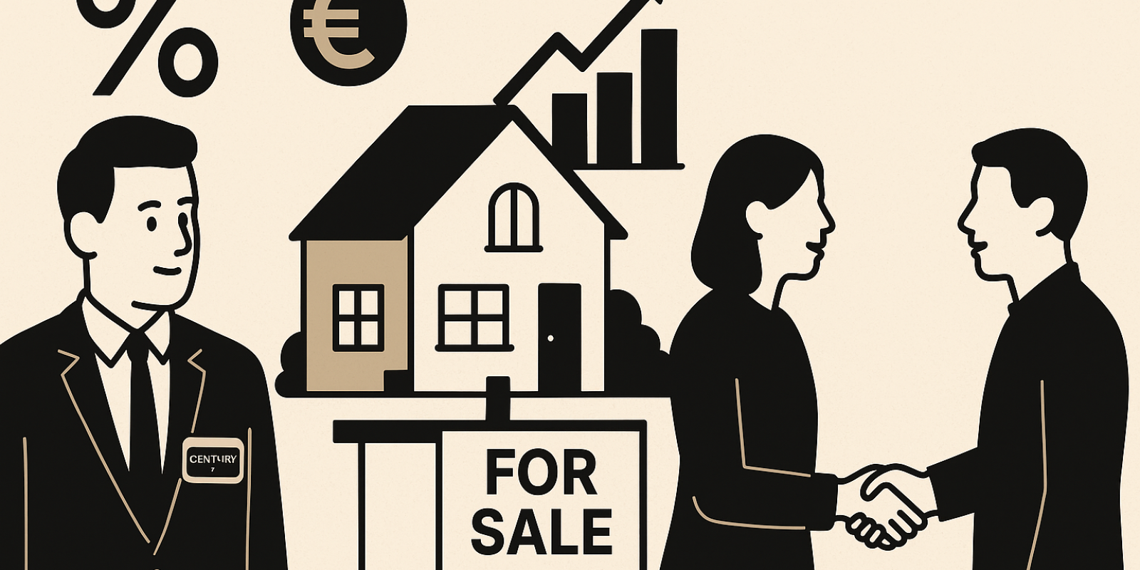 Rue résidentielle française avec panneaux « à vendre », représentant la reprise du marché immobilier