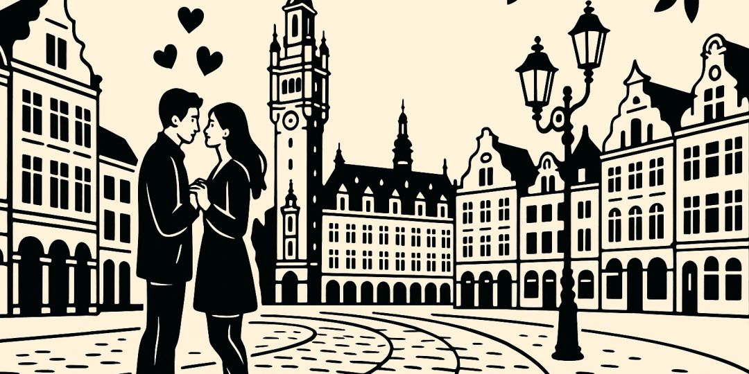 Vue de la Grand'Place de Lille au coucher du soleil, façades historiques et ambiance romantique