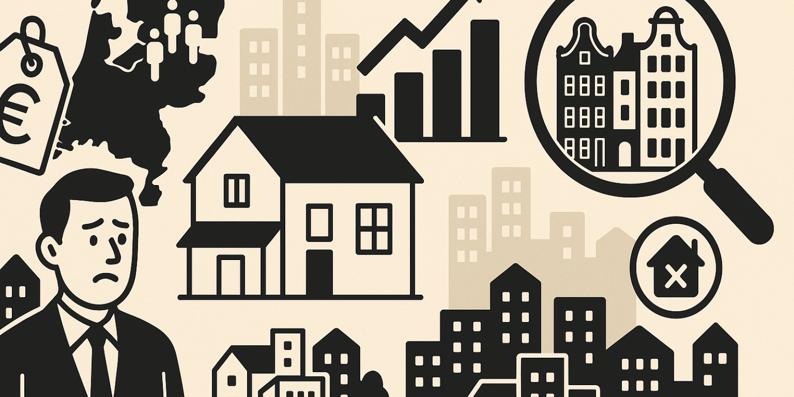 Façades d'immeubles et silhouette d'Amsterdam illustrant la flambée des prix et la pénurie de logements aux Pays-Bas