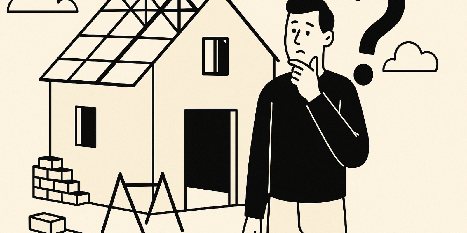 Façade d’une maison en construction partiellement achevée, échafaudages et structure apparente