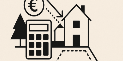 Chantier et plans d'une maison individuelle illustrant budget, surface et terrain