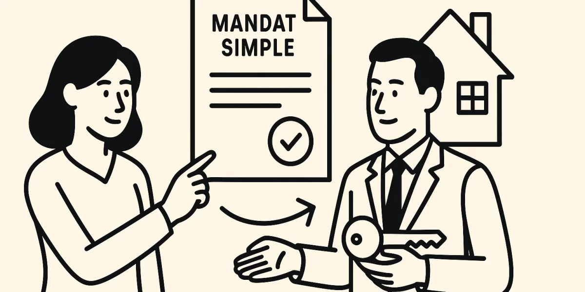 Illustration d'un vendeur signant un mandat simple pour une vente immobilière