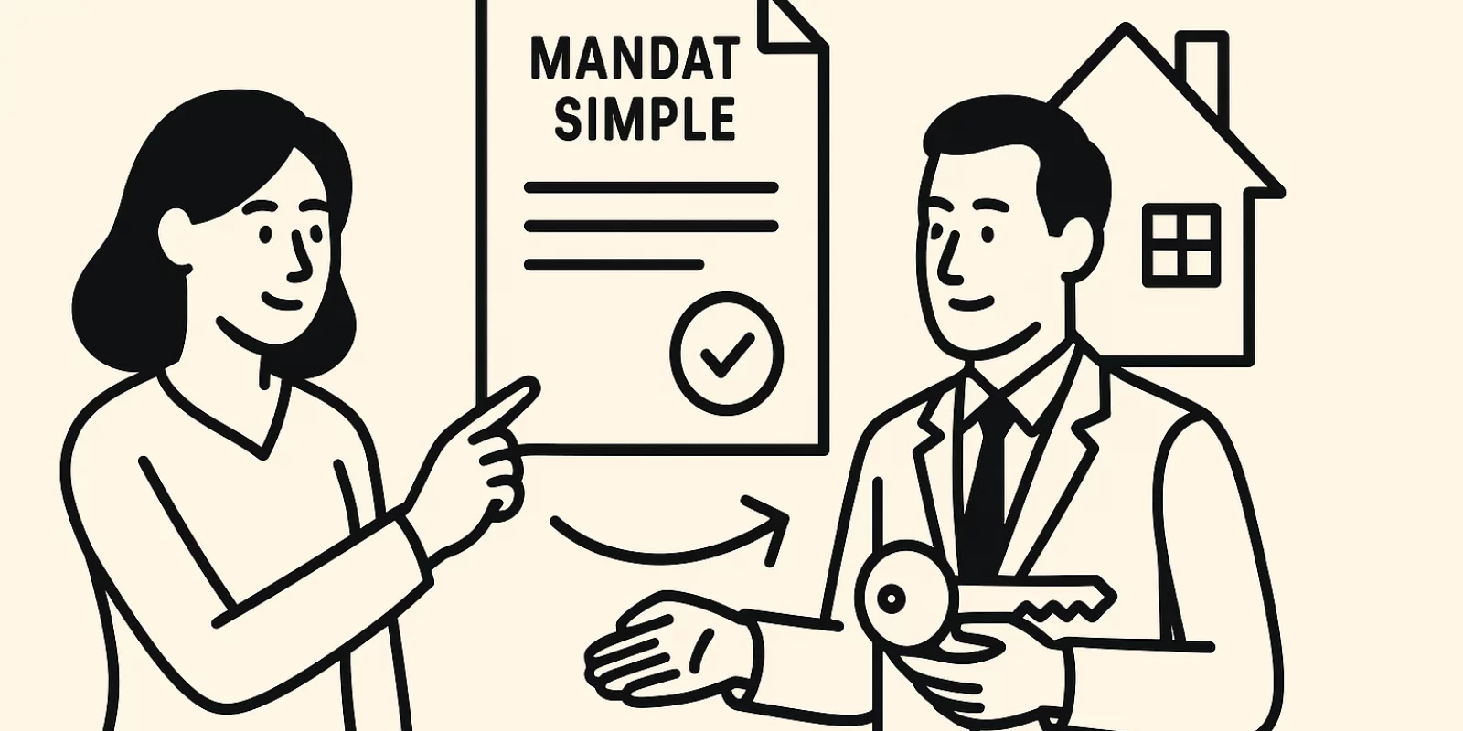 Illustration d'un vendeur signant un mandat simple pour une vente immobilière