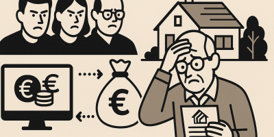 Dossier d'enquête sur des fraudes à MaPrimeRénov' avec documents administratifs et chantier de rénovation en arrière-plan