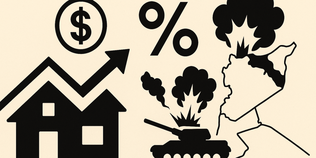 Silhouette de ville et nuée symbolisant l'incertitude du marché immobilier face à un conflit géopolitique