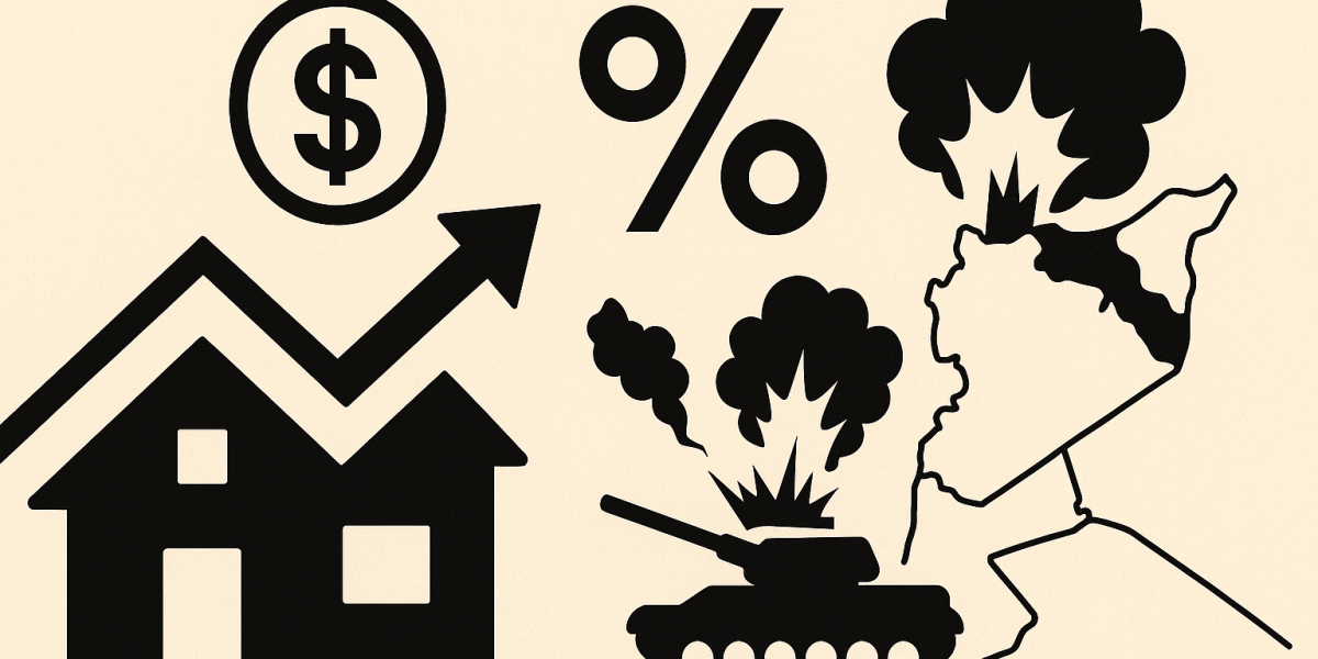 Silhouette de ville et nuée symbolisant l'incertitude du marché immobilier face à un conflit géopolitique