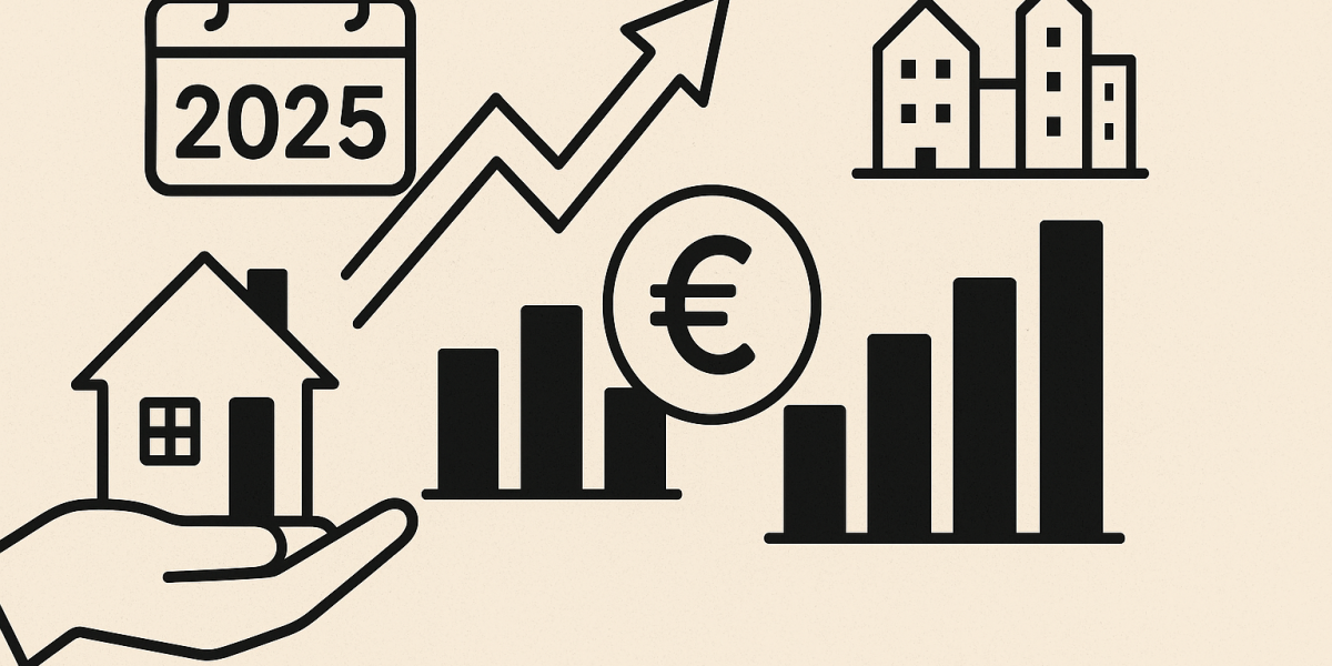 Quartier urbain illustrant le marché immobilier avec courbes de taux et flèches de tendance