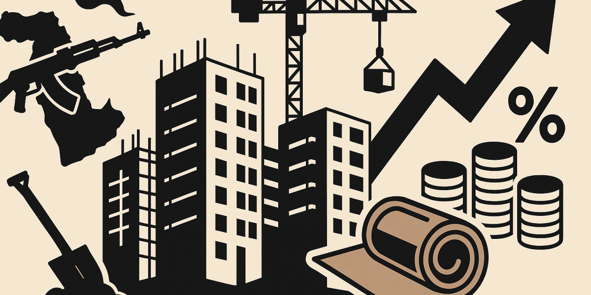 Grue et immeubles en construction avec skyline, symbolisant la reprise fragile du marché immobilier