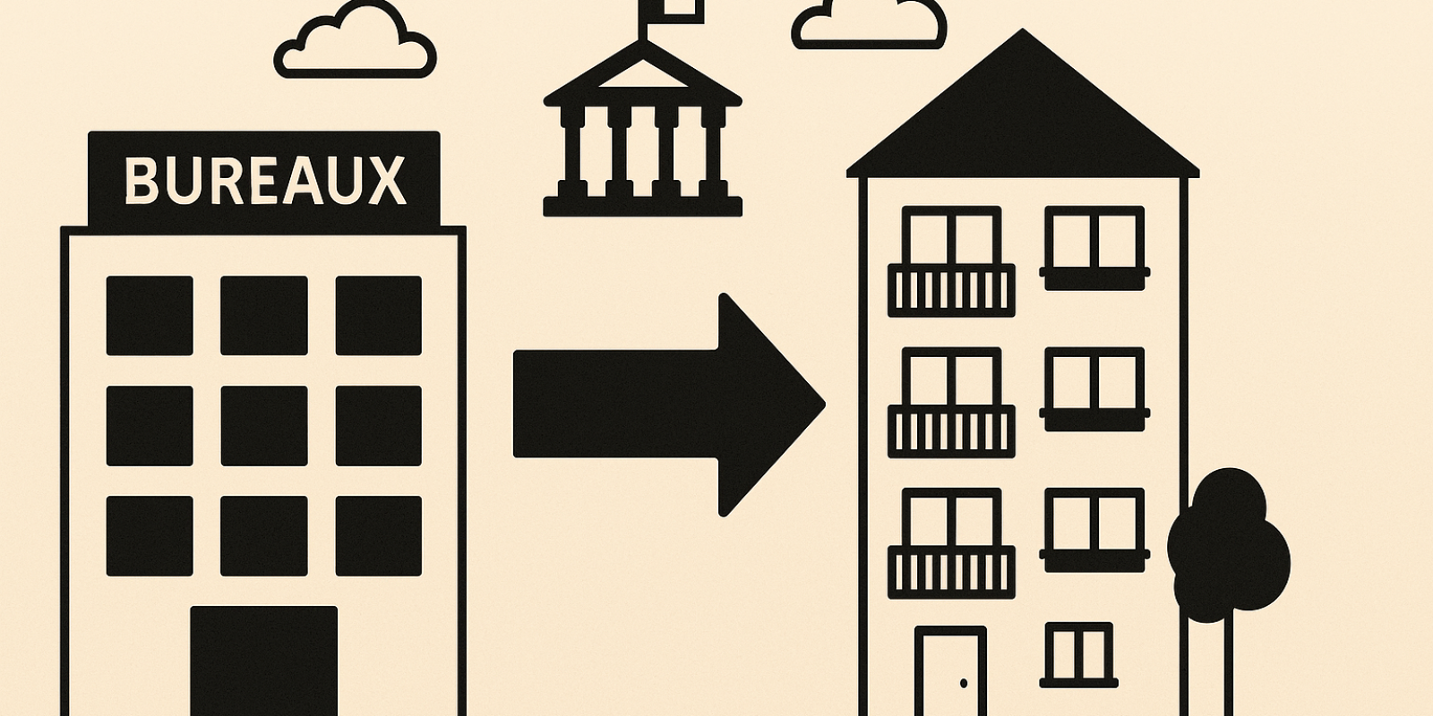 Façades de bureaux transformées en logements avec signalétique urbaine en Île-de-France