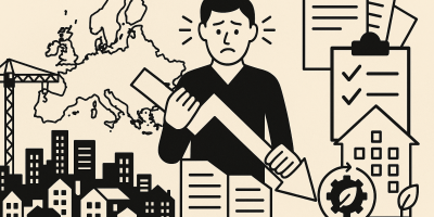 Vue urbaine symbolique illustrant la crise du logement et les débats sur la norme et la construction