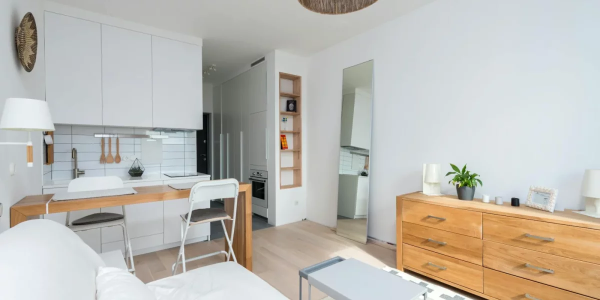 Salon moderne avec cuisine ouverte et meubles en bois — modele bail location meublé