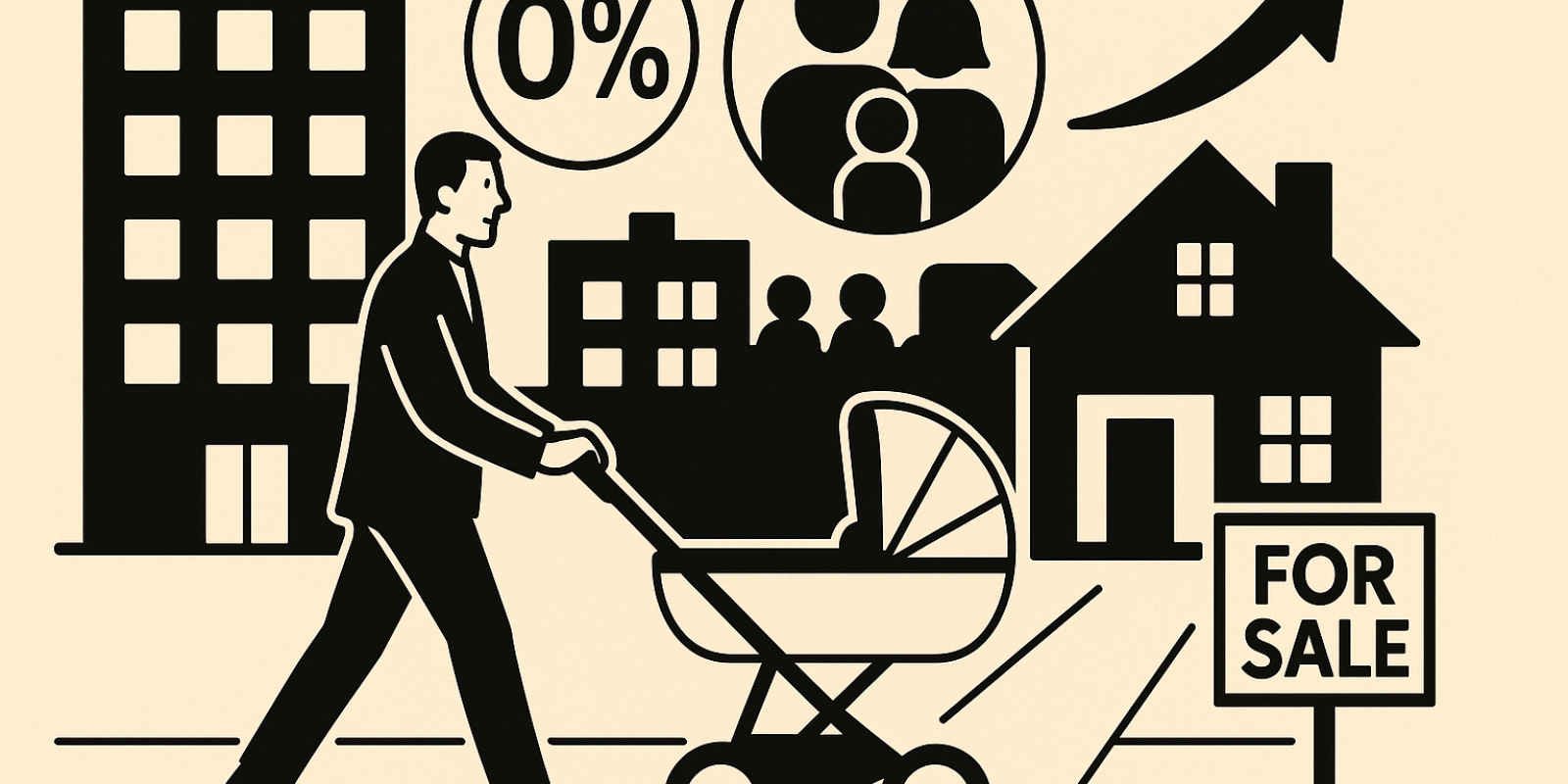 Poussette devant une vitrine d'agence immobilière : illustration du lien entre logement et natalité